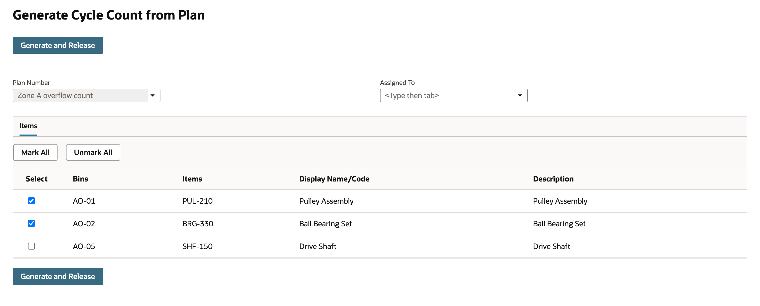 NetSuite Generate Cycle Count from Plan with the AO-01 and AO-02 rows checked and the AO-05 row cleared