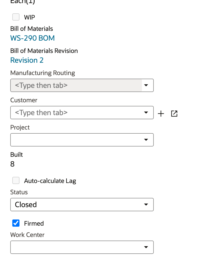 The edit form of work order WO2104 with Built 8 and the Status field set to Closed