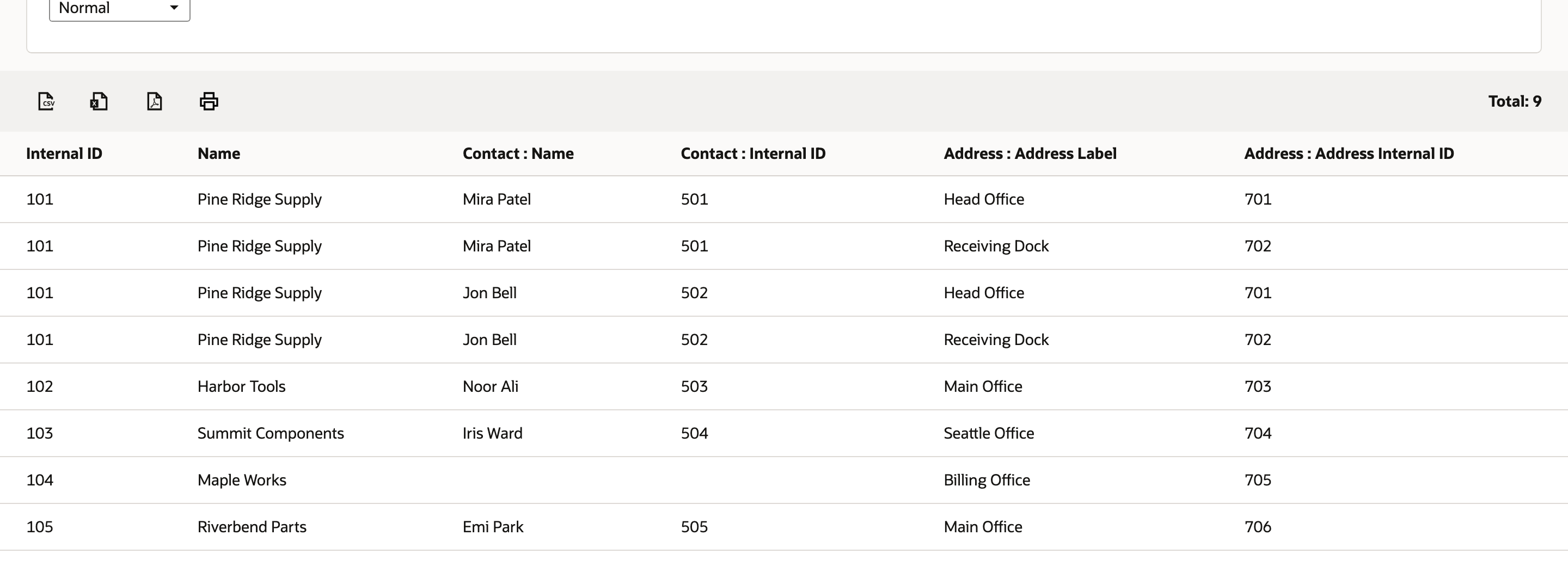 Nine-row preview shows repeated Customer and Contact values beside different Address labels.