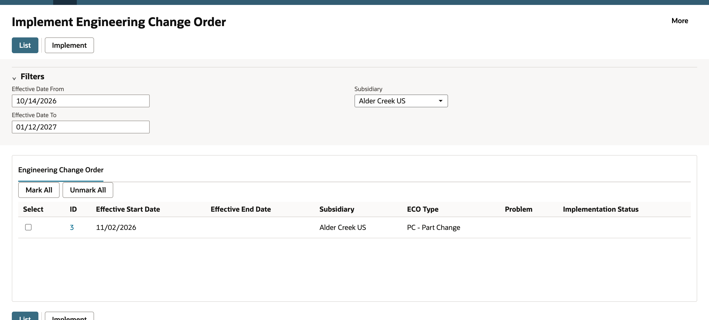 The Implement Engineering Change Order page lists ECO 3 with Effective Start Date 11/02/2026, Alder Creek US and PC - Part Change.