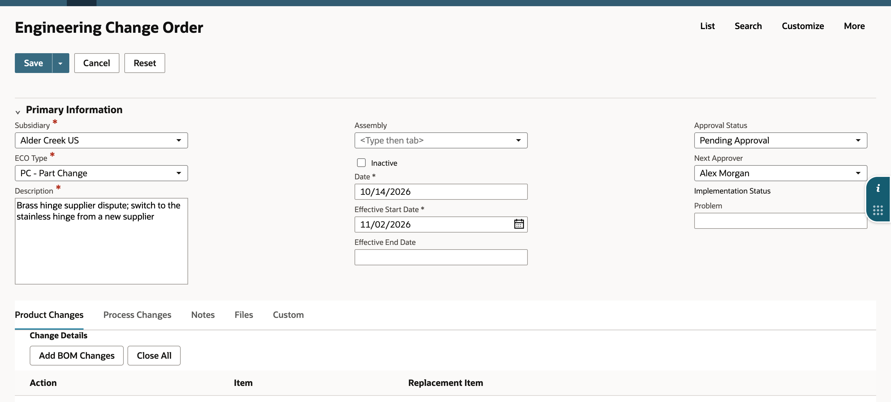 The Engineering Change Order form with Alder Creek US, PC - Part Change, a description, Effective Start Date 11/02/2026, Pending Approval and a Next Approver.