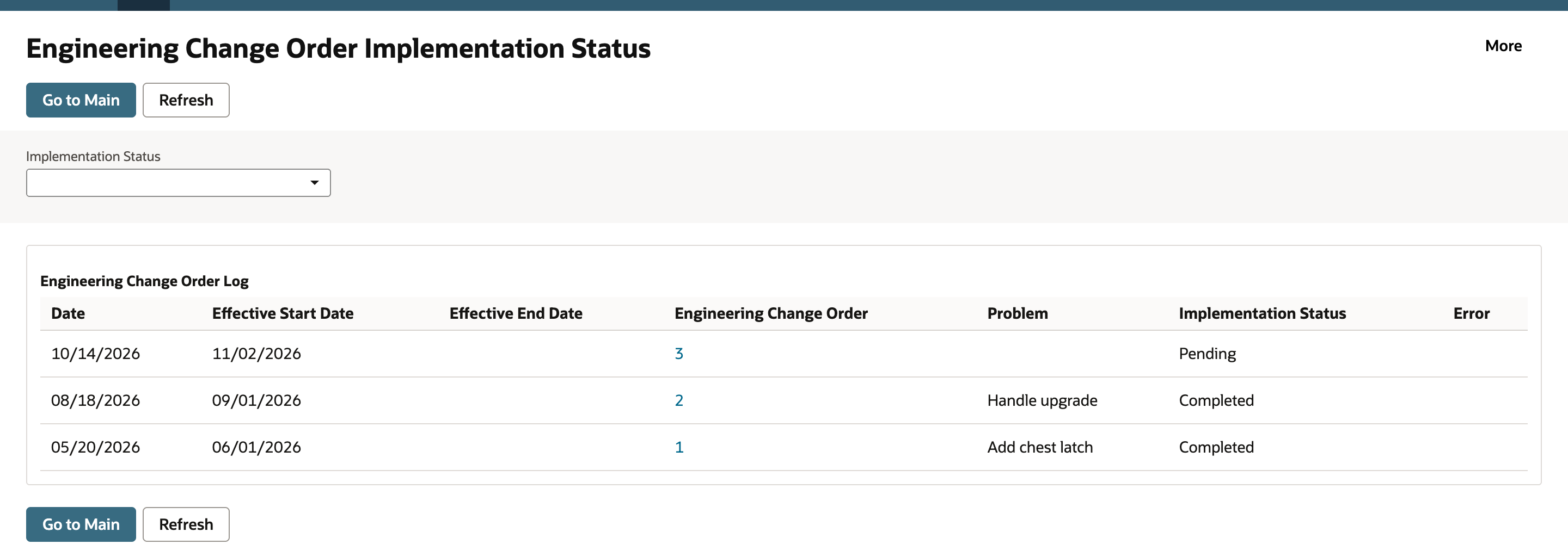 The Engineering Change Order Log lists ECO 3 as Pending above two Completed ECOs.