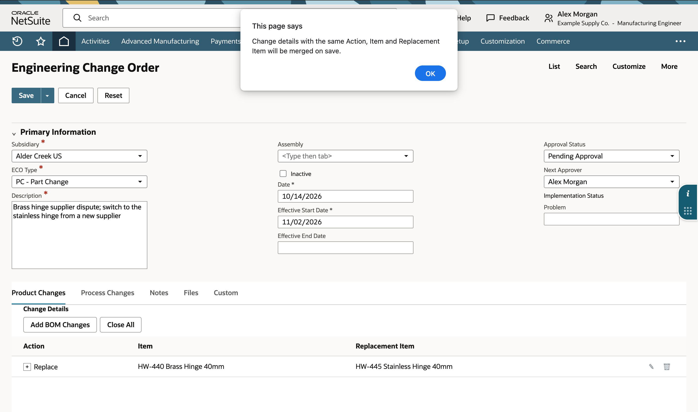 The browser notice about merging change details is open over the ECO form, which shows one Replace row for HW-440 and HW-445.