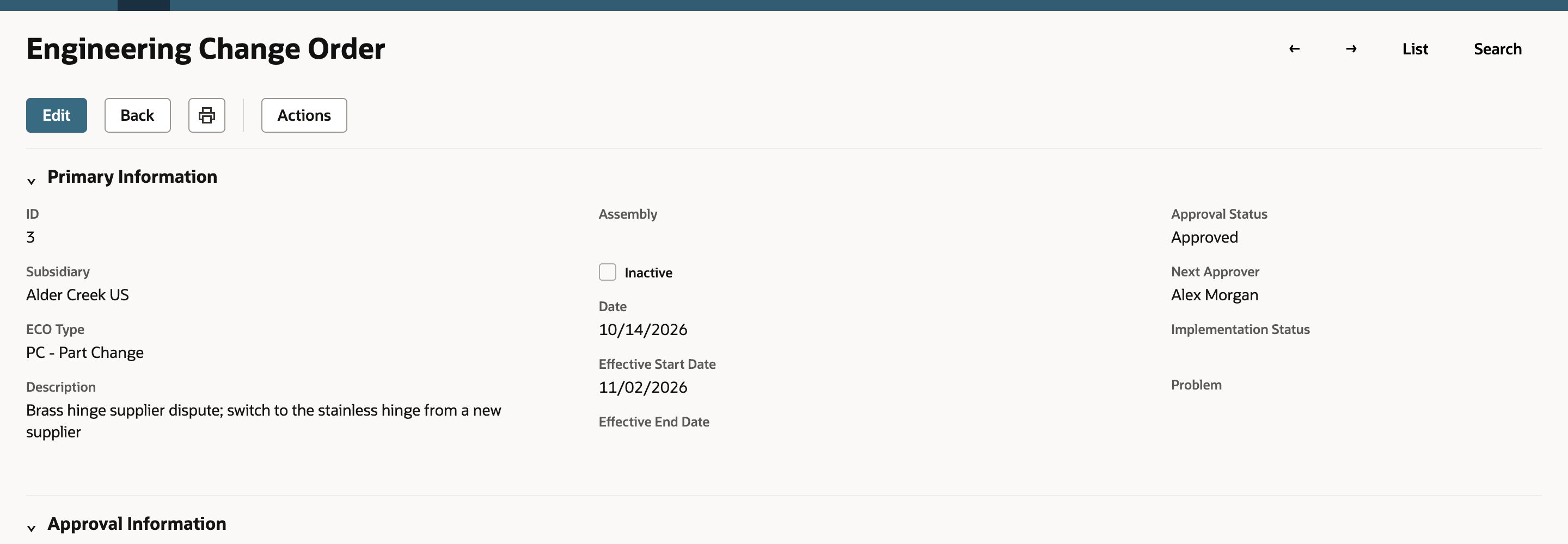 The Engineering Change Order record with Approval Status Approved.