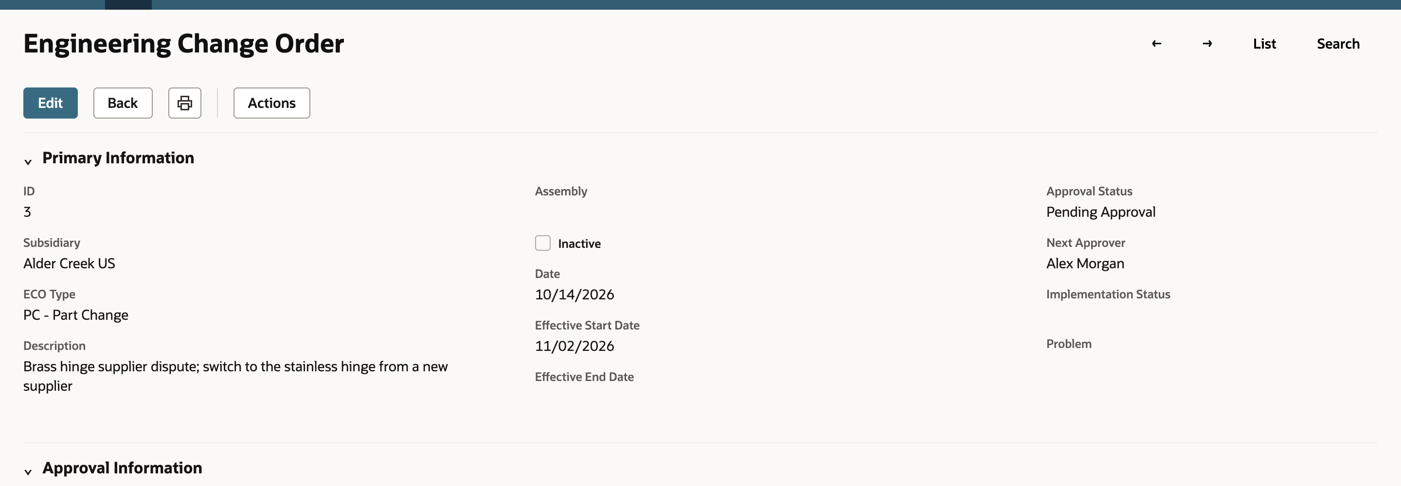 The saved Engineering Change Order, ID 3, with Approval Status Pending Approval and a Next Approver.