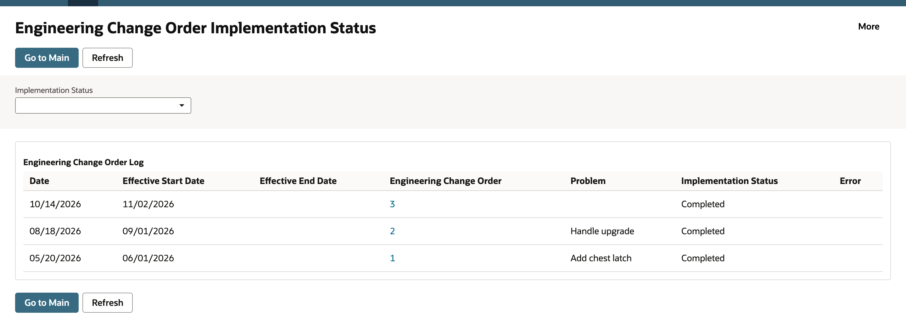 The Engineering Change Order Log lists ECO 3, 2 and 1 as Completed.