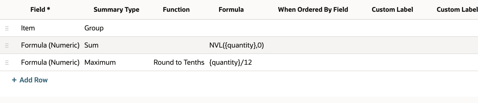 Committed numeric formula row using NVL quantity comma zero with Sum; the second Maximum row remains unchanged