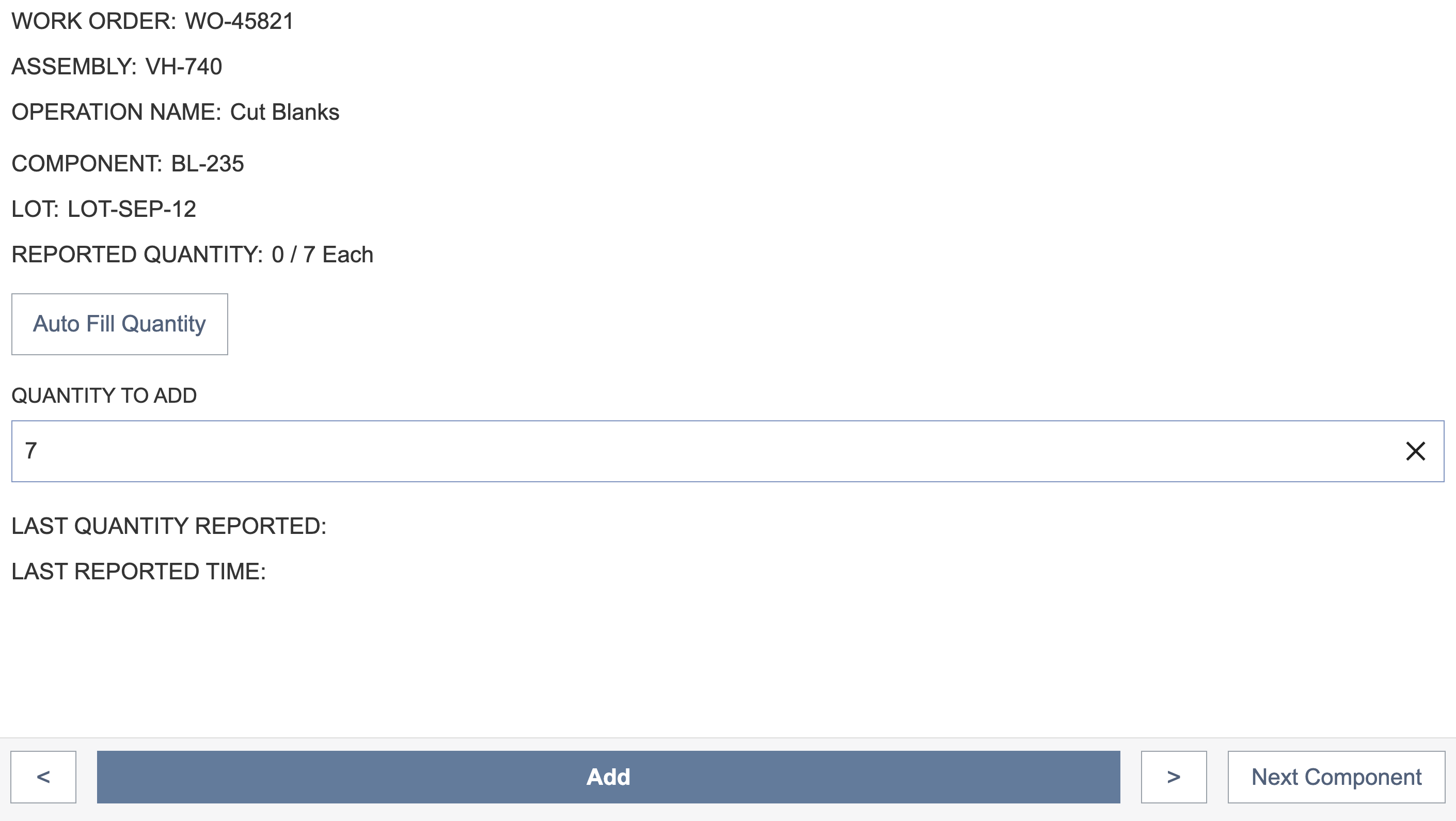 NetSuite Manufacturing Mobile Enter Quantity page with seven entered for BL-235 and LOT-SEP-12 and the Add and Next Component footer buttons