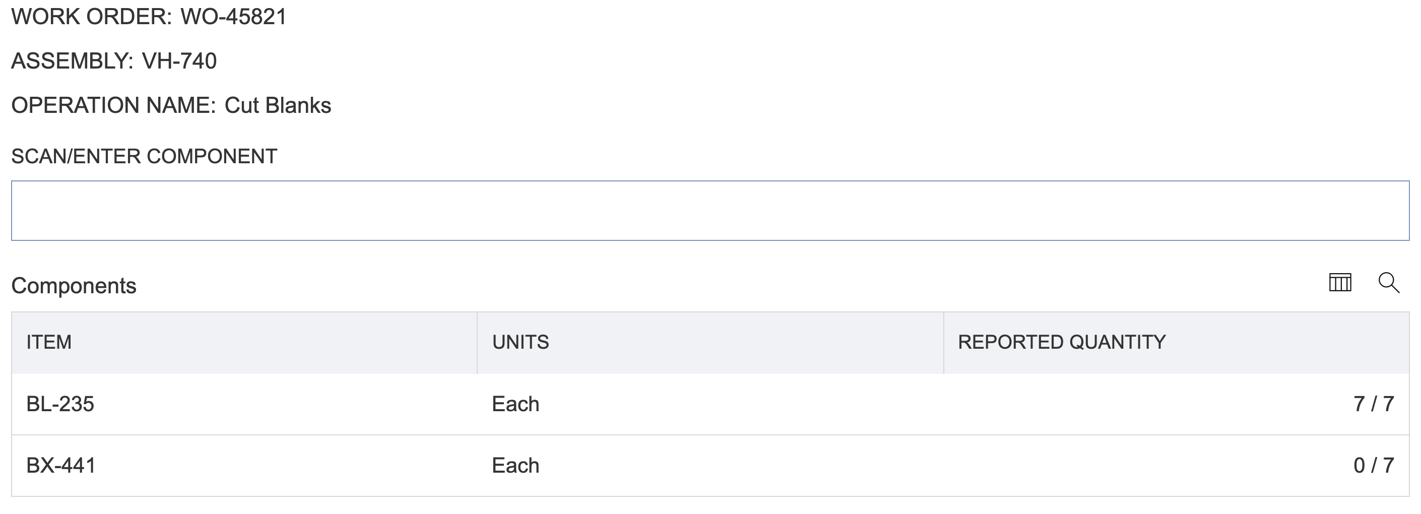 NetSuite Manufacturing Mobile component list with BL-235 at seven of seven Each and BX-441 at zero of seven Each