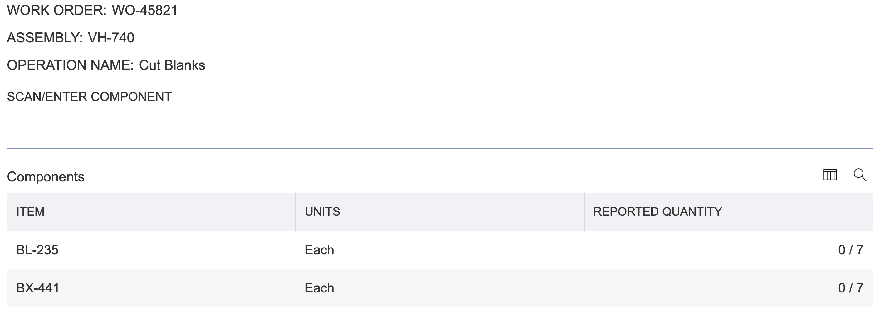 NetSuite Manufacturing Mobile component list with BL-235 and BX-441 both at zero of seven Each