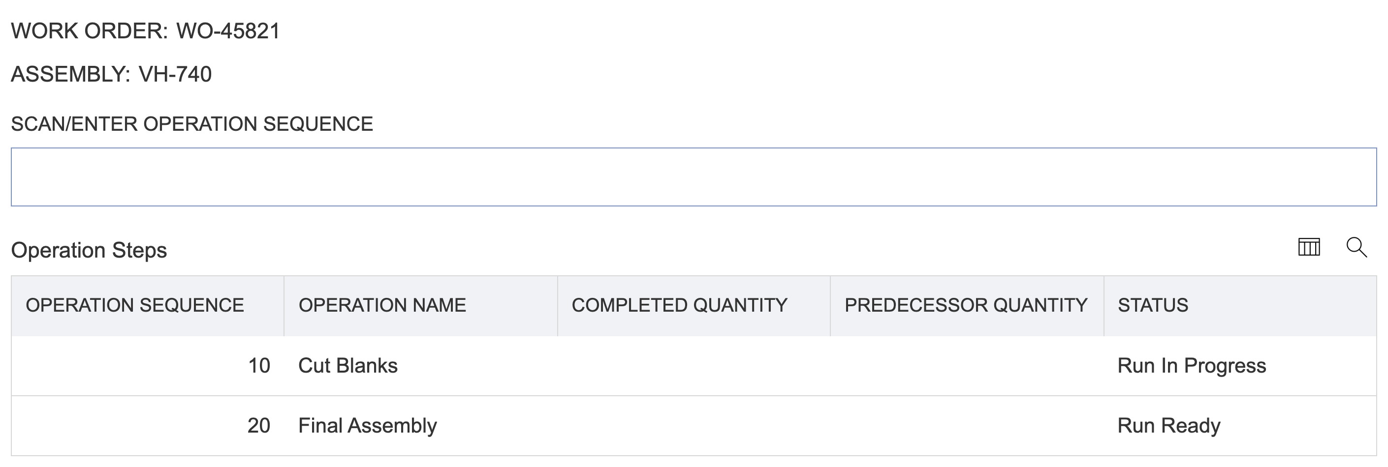 NetSuite Manufacturing Mobile operation list for WO-45821 with Cut Blanks marked Run In Progress and Final Assembly marked Run Ready