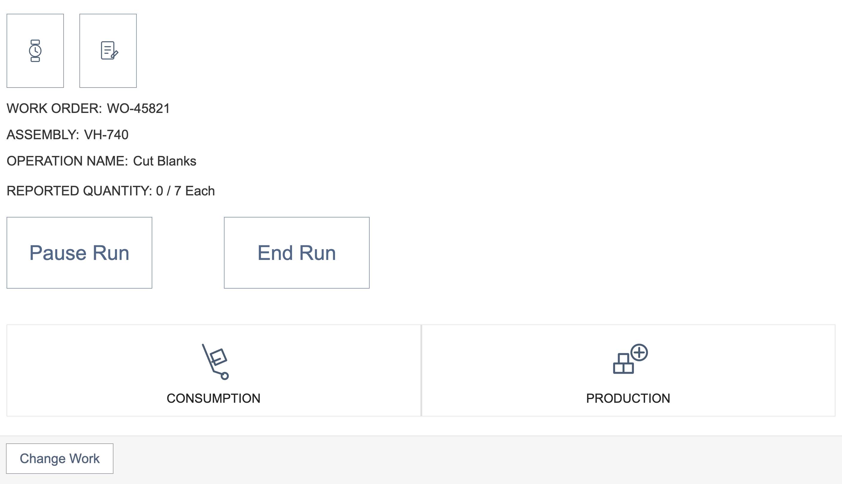 NetSuite Manufacturing Mobile Report Work page with Pause Run, End Run, the Consumption and Production tiles and a Change Work footer button