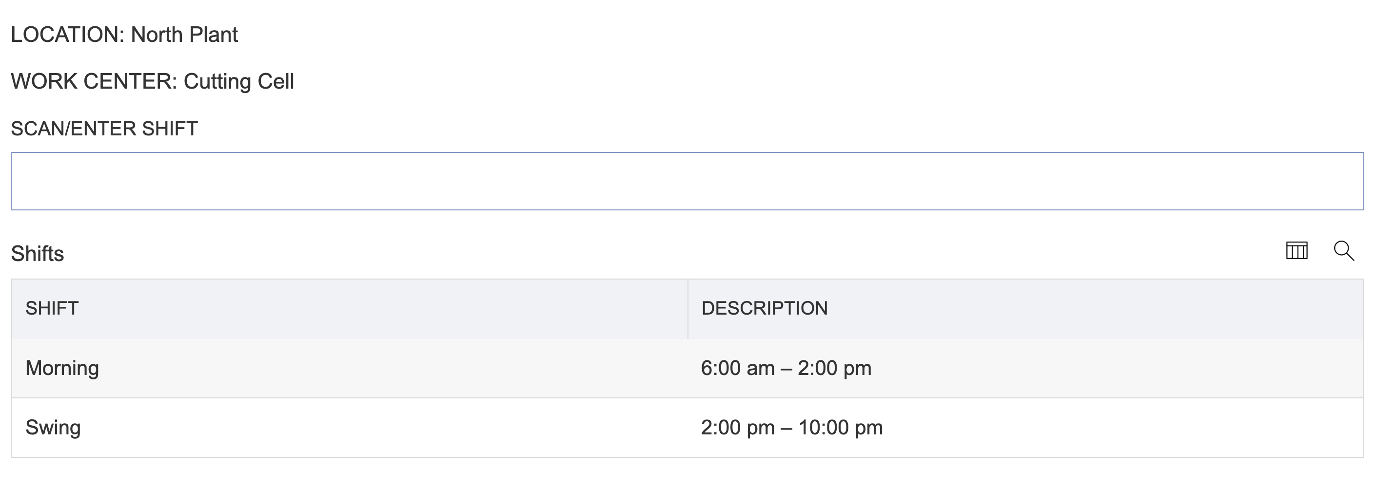 NetSuite Manufacturing Mobile Select Shift page with North Plant, Cutting Cell, and Morning selected