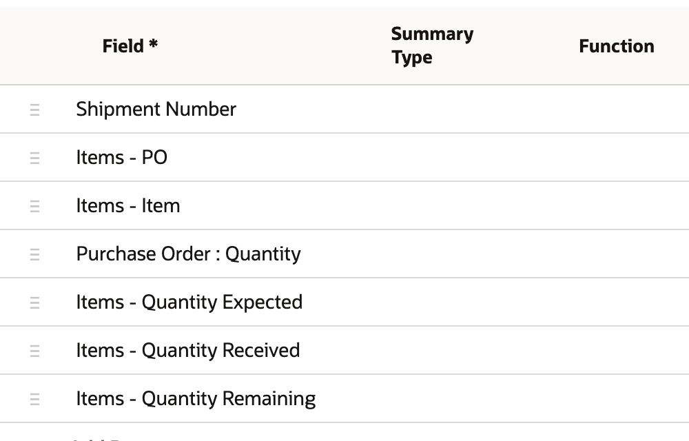 Results column list with seven fields including Purchase Order : Quantity.