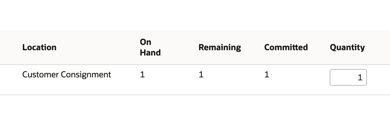 Item Fulfillment source line at Customer Consignment shows On Hand 1 and Quantity 1 before saving.