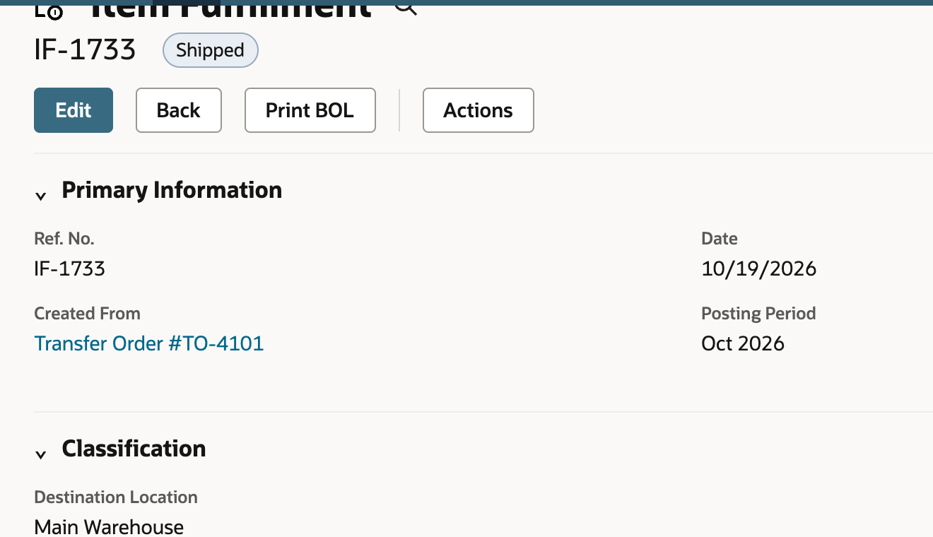 Saved Item Fulfillment IF-1733 is Shipped and links to Transfer Order TO-4101.