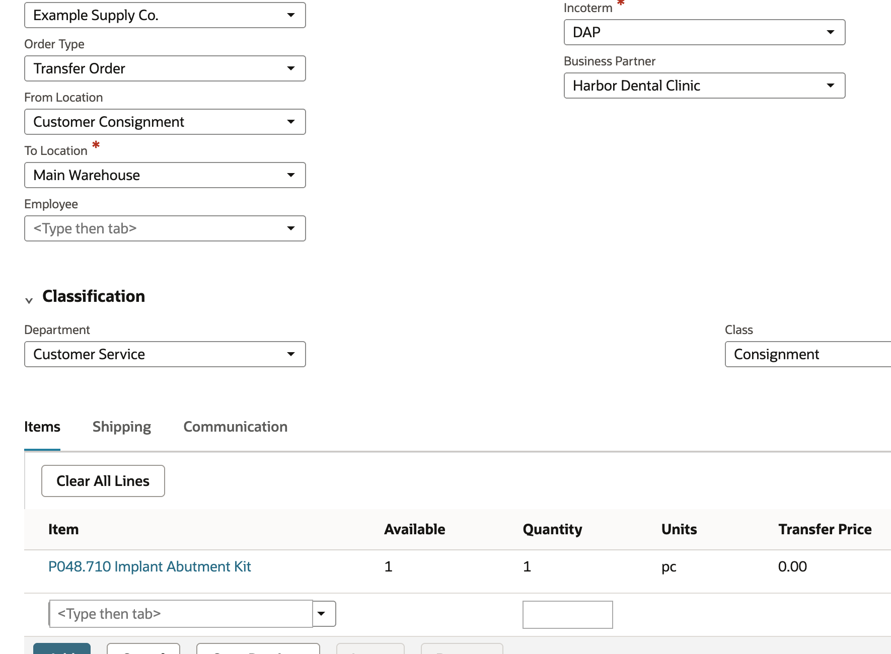 Transfer Order entry with From Location Customer Consignment, To Location Main Warehouse, Business Partner Harbor Dental Clinic, Consignment class and one item of quantity 1.