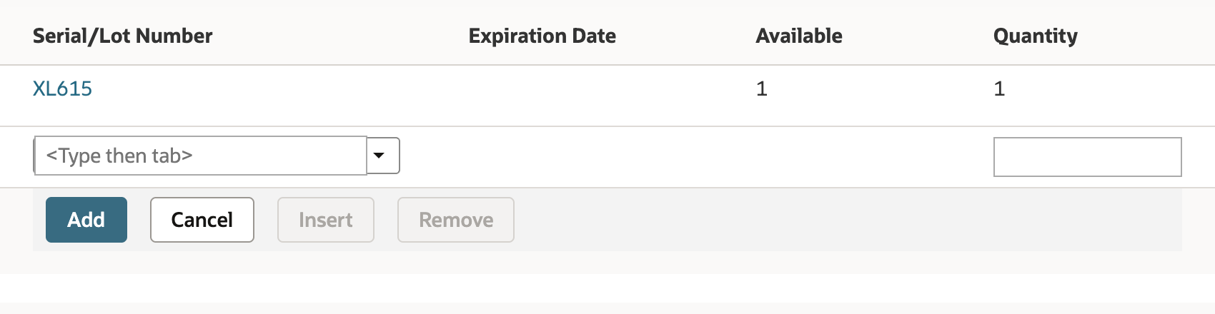 Inventory Detail dialog assigns lot XL615 with Available 1 and Quantity 1 for the item.