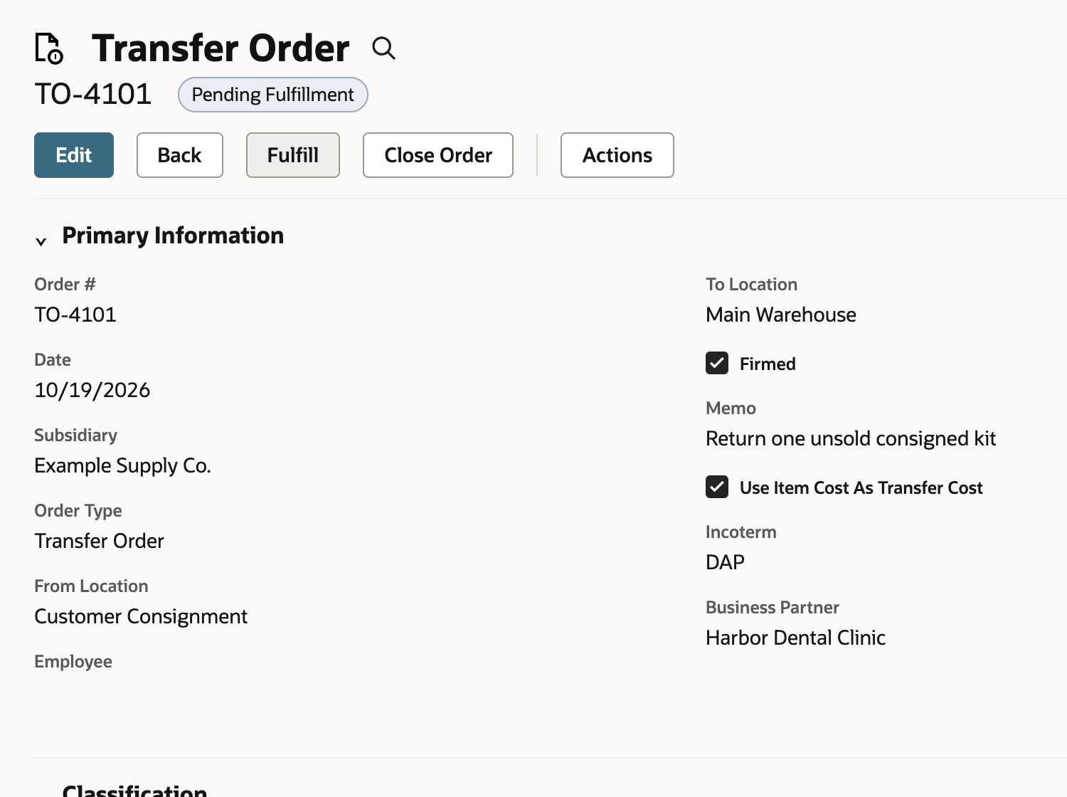 Saved Transfer Order TO-4101 has Pending Fulfillment status, Customer Consignment as its source and a Fulfill button.