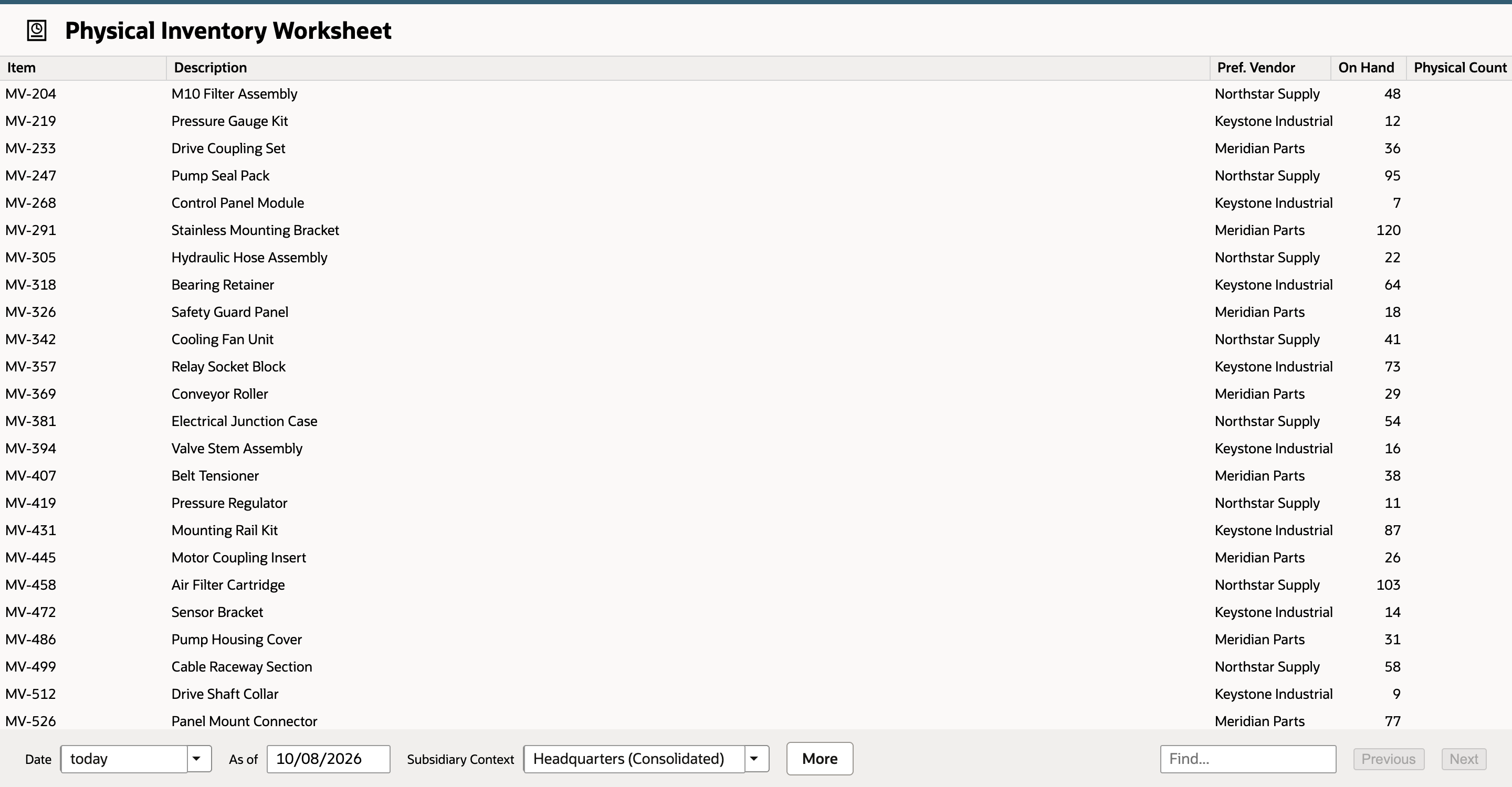 Physical Inventory Worksheet report with five named columns, sample inventory rows, on-hand quantities, and blank Physical Count cells