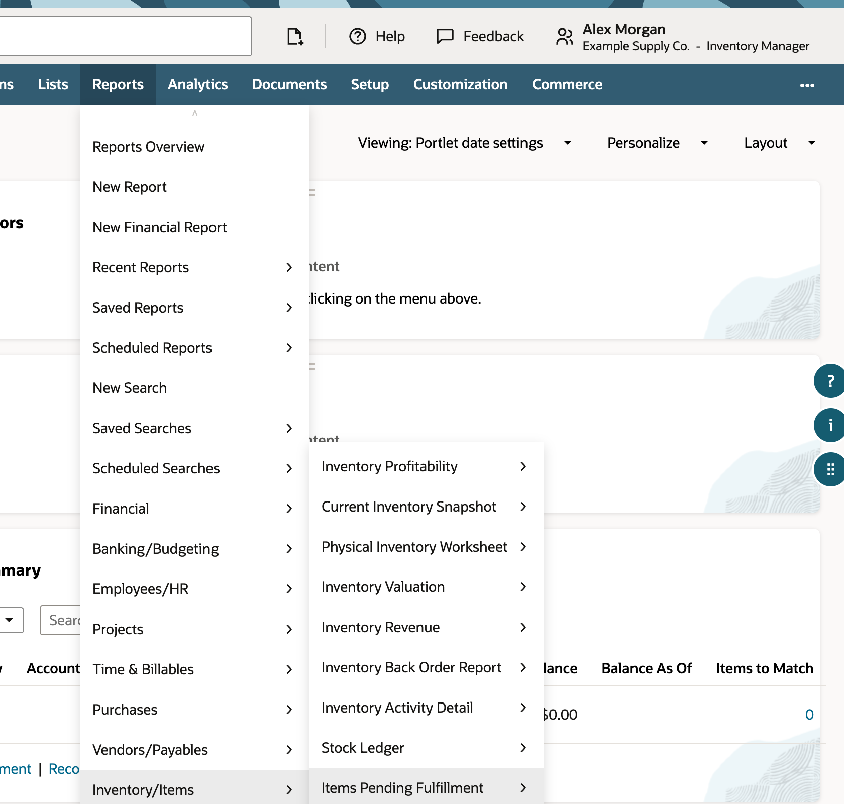 Reports menu with Inventory/Items expanded and Physical Inventory Worksheet listed