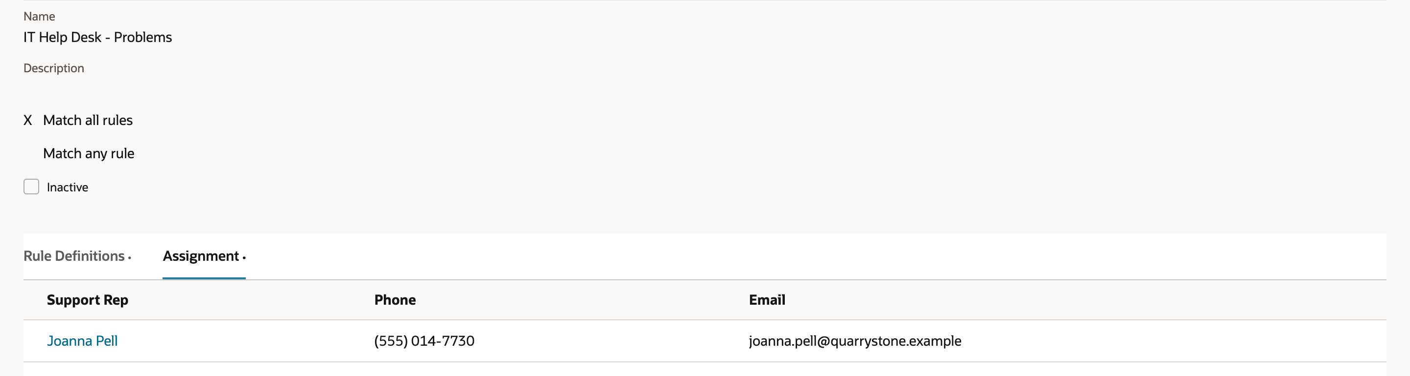 Assignment subtab of IT Help Desk - Problems with one Support Rep, Joanna Pell, and her phone and email