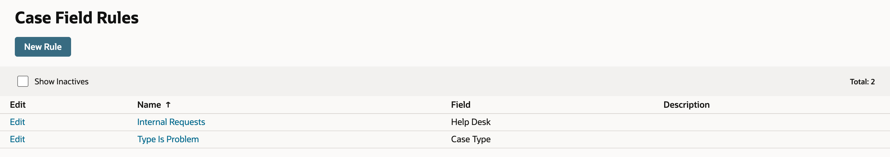 Case Field Rules list, Total 2: Internal Requests on the Help Desk field and Type Is Problem on the Case Type field