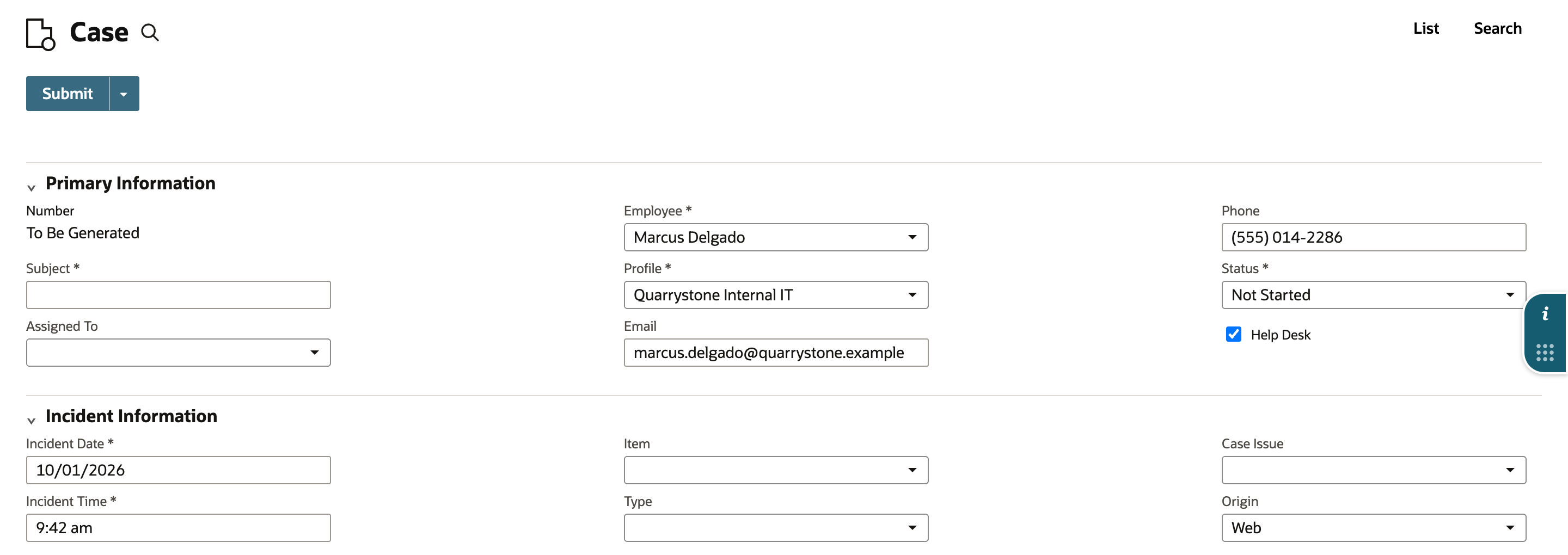 New help desk case form in the Employee Center: Employee Marcus Delgado, Profile Quarrystone Internal IT, email, phone, Status Not Started, Help Desk checked, Origin Web, and an empty Assigned To