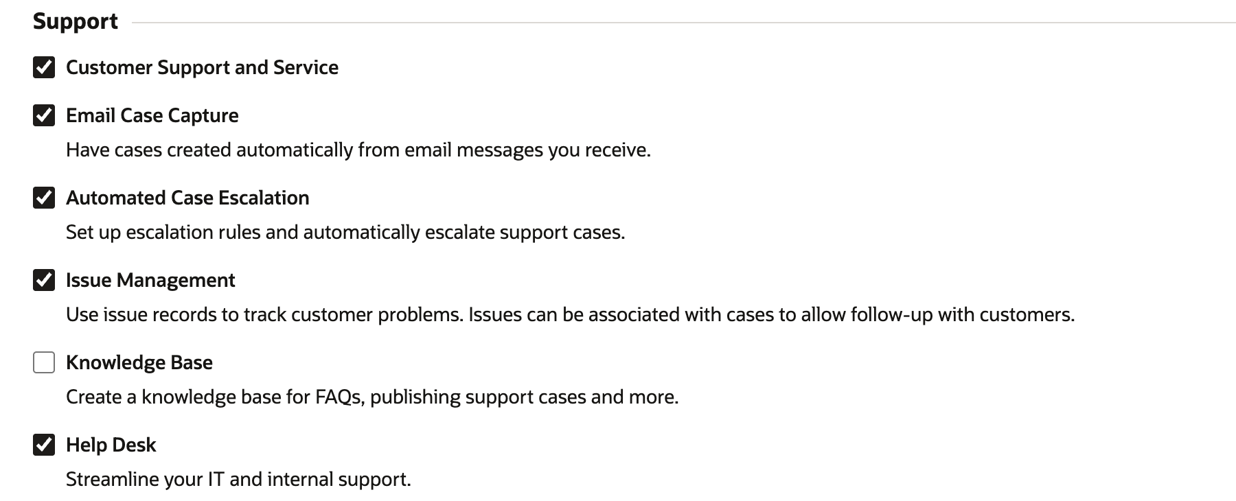 Enable Features CRM subtab, Support group: Customer Support and Service, Email Case Capture, Automated Case Escalation and Issue Management checked, Knowledge Base unchecked, and Help Desk checked with the description Streamline your IT and internal support.