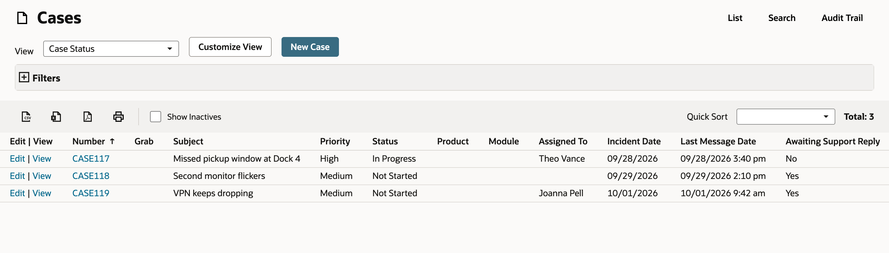 Cases list, Total 3: CASE117 assigned to Theo Vance, CASE118 Second monitor flickers with no assignee, and CASE119 VPN keeps dropping Assigned To Joanna Pell