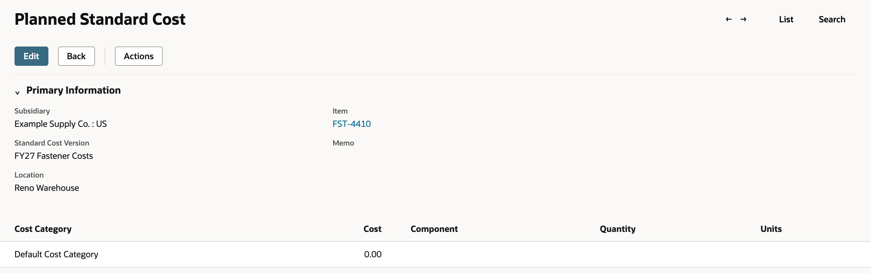 The Planned Standard Cost record for FST-4410 at Reno Warehouse shows the Default Cost Category line with a Cost of 0.00.