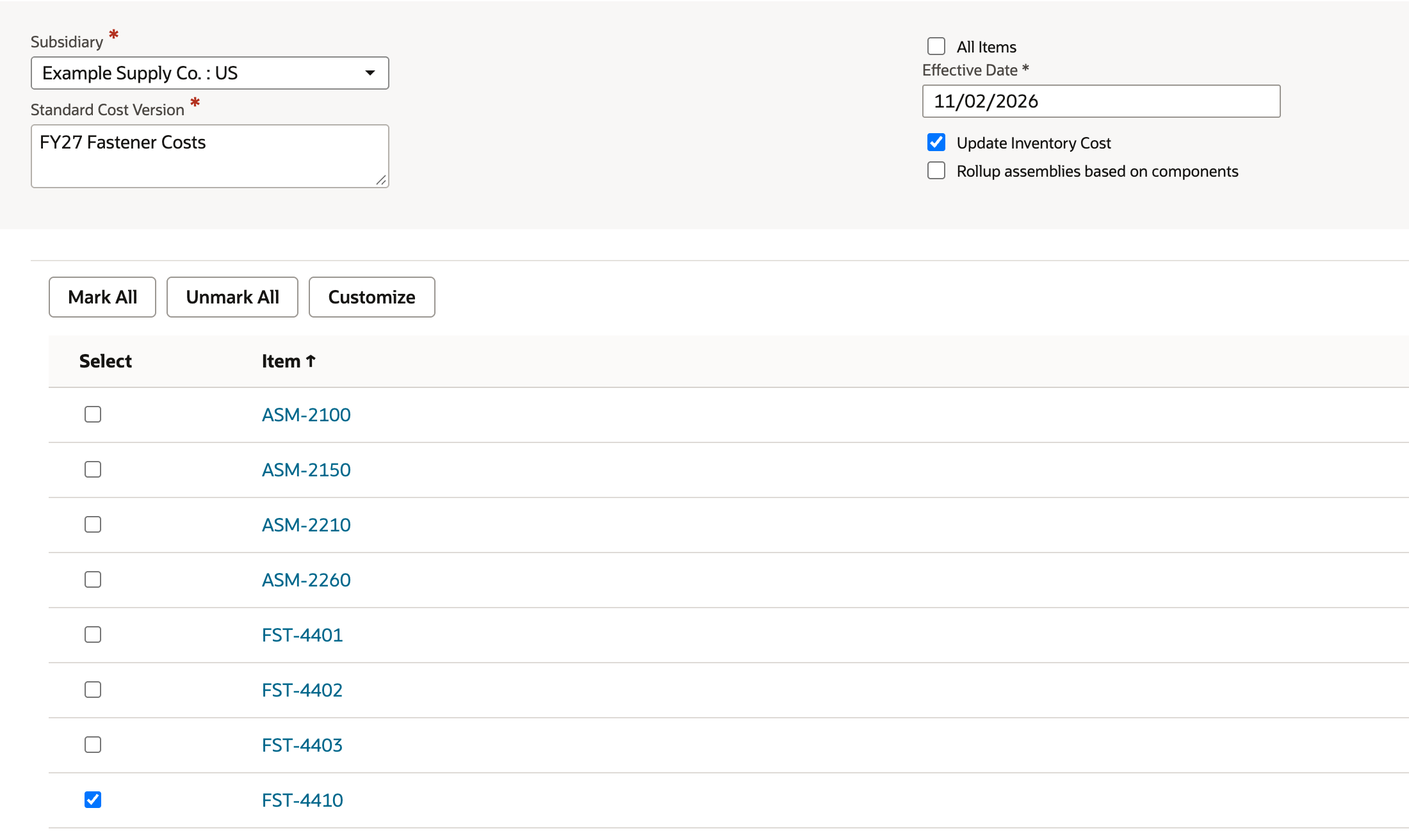 The Planned Standard Cost Rollup page with Update Inventory Cost checked, Rollup assemblies based on components cleared, and FST-4410 ticked in the item list.