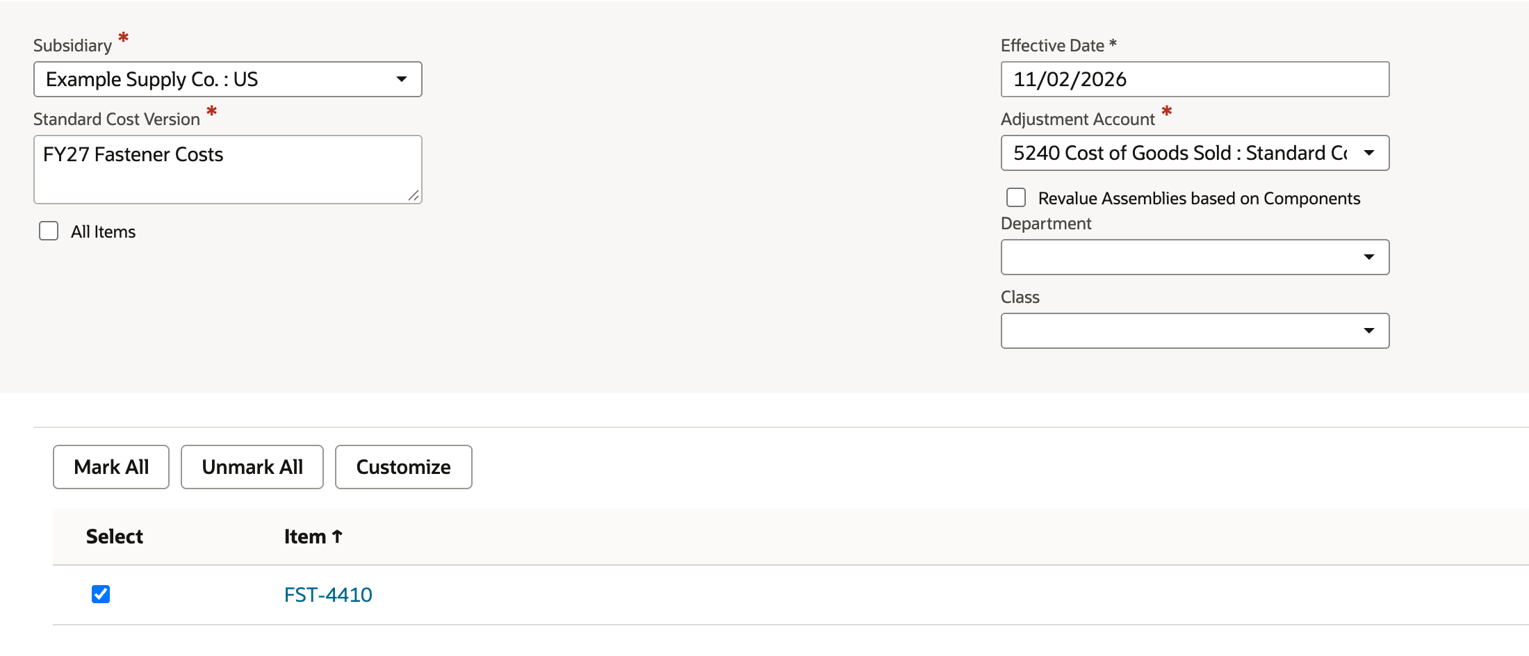 The Revalue Standard Cost Inventory page with the subsidiary, the FY27 Fastener Costs version, the effective date and the 5240 adjustment account filled in, and FST-4410 ticked.