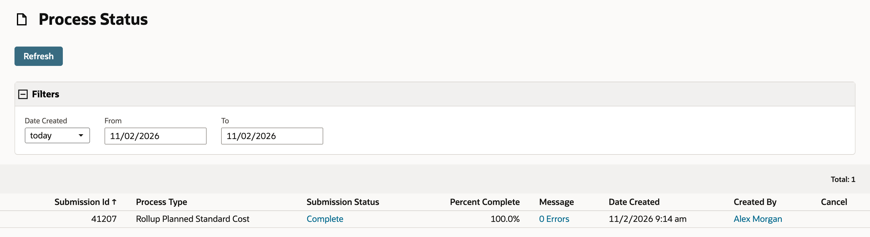 Process Status shows the Rollup Planned Standard Cost row with Submission Status Complete, Percent Complete 100.0% and Message 0 Errors.