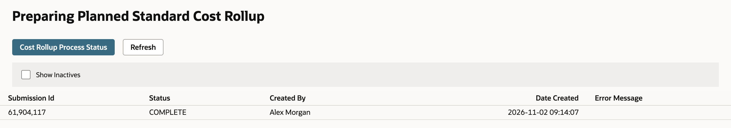 The Preparing Planned Standard Cost Rollup page shows the submission with the status COMPLETE.