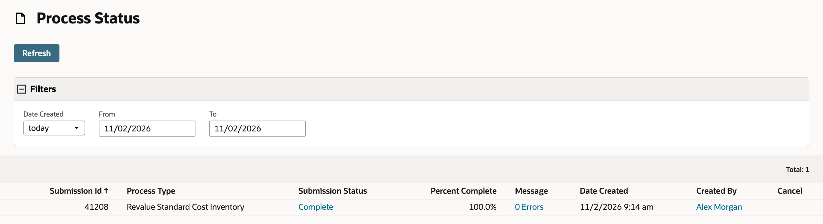 Process Status shows the Revalue Standard Cost Inventory row with Submission Status Complete, Percent Complete 100.0% and Message 0 Errors.
