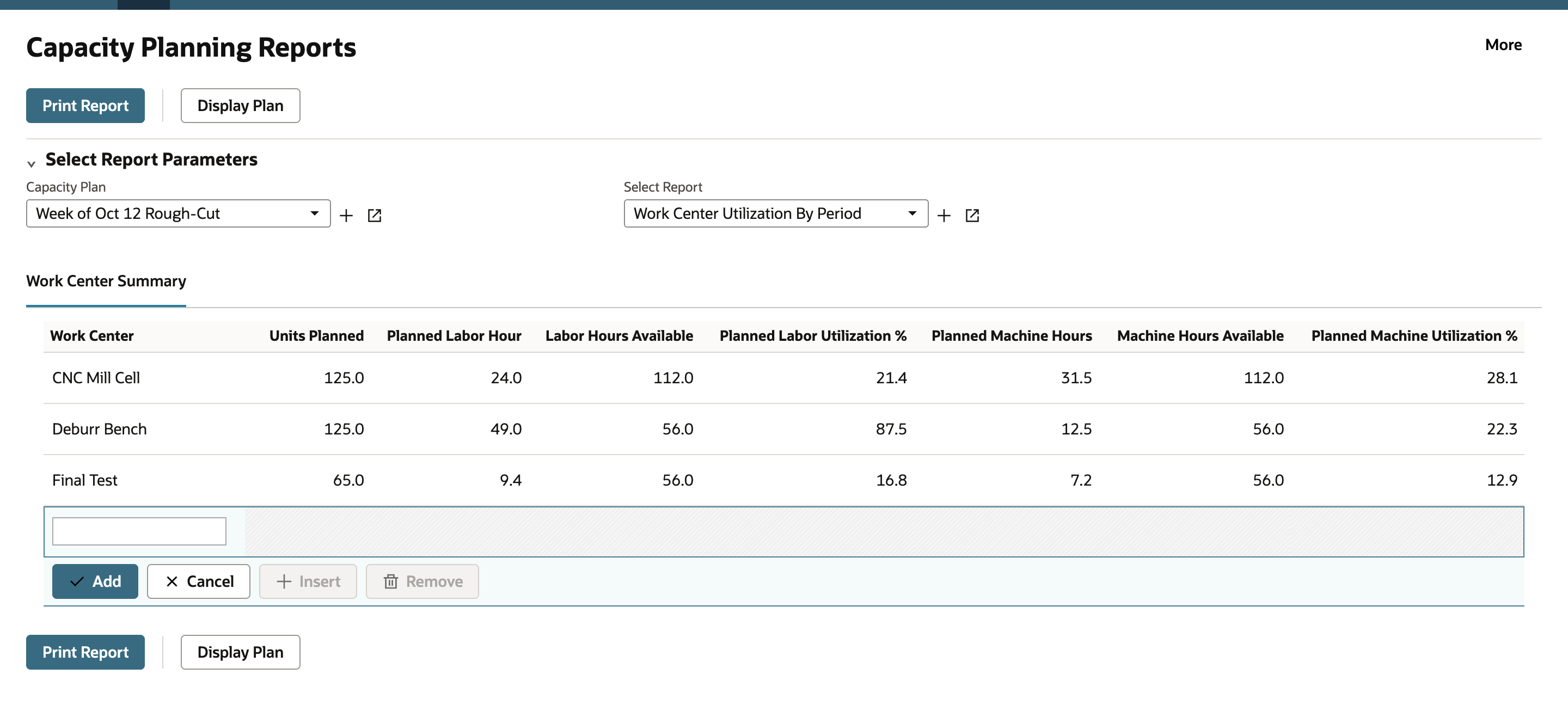 Capacity Planning Reports with Capacity Plan Week of Oct 12 Rough-Cut and Select Report Work Center Utilization By Period. The Work Center Summary lists CNC Mill Cell, Deburr Bench and Final Test with their planned and available labor and machine hours and utilization percentages.