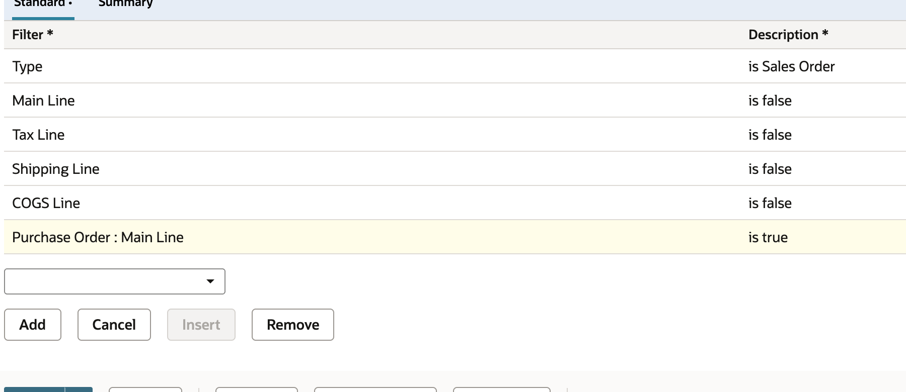 Criteria retain base Main Line false and show Purchase Order Main Line true.