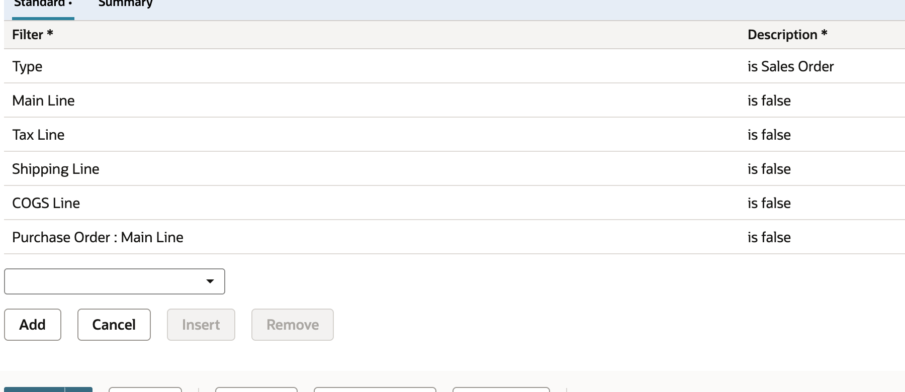 The starting criteria have Purchase Order Main Line false as well as base sales order Main Line false.