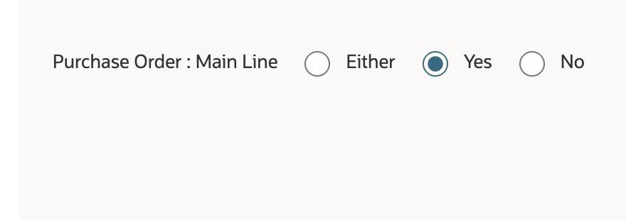 The Purchase Order Main Line criterion popup has Yes selected.