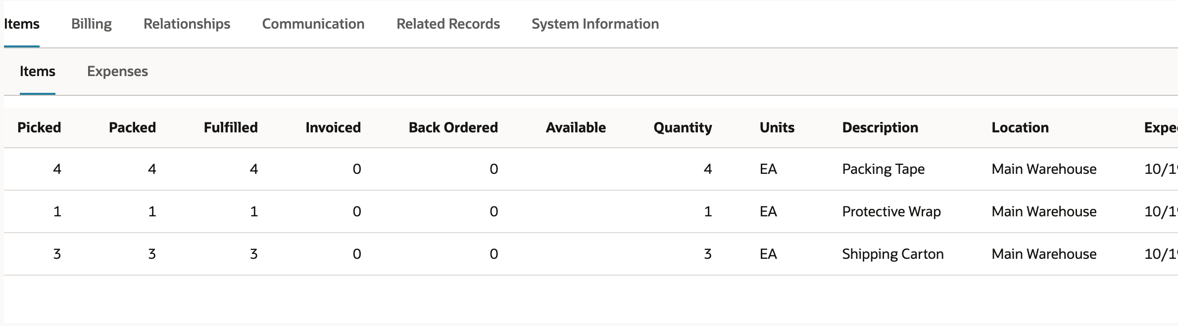 NetSuite sales-order Items sublist showing Picked, Packed, and Fulfilled quantities of four, one, and three across three lines