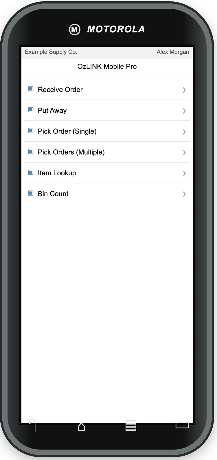 OzLINK Mobile Pro menu with Pick Order (Single) between Put Away and Pick Orders (Multiple)