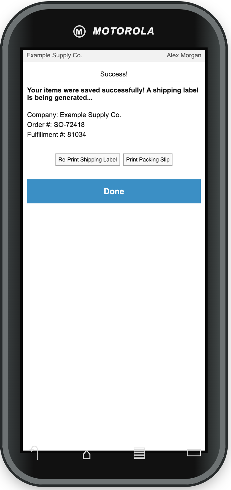 OzLINK success screen for SO-72418 with saved-items text, label-generation message, fulfillment reference 81034, and Done button