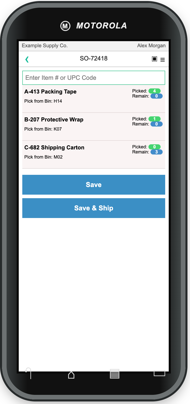 Sales-order pick screen showing A-413 picked four of four, B-207 picked one of one, and C-682 with three remaining