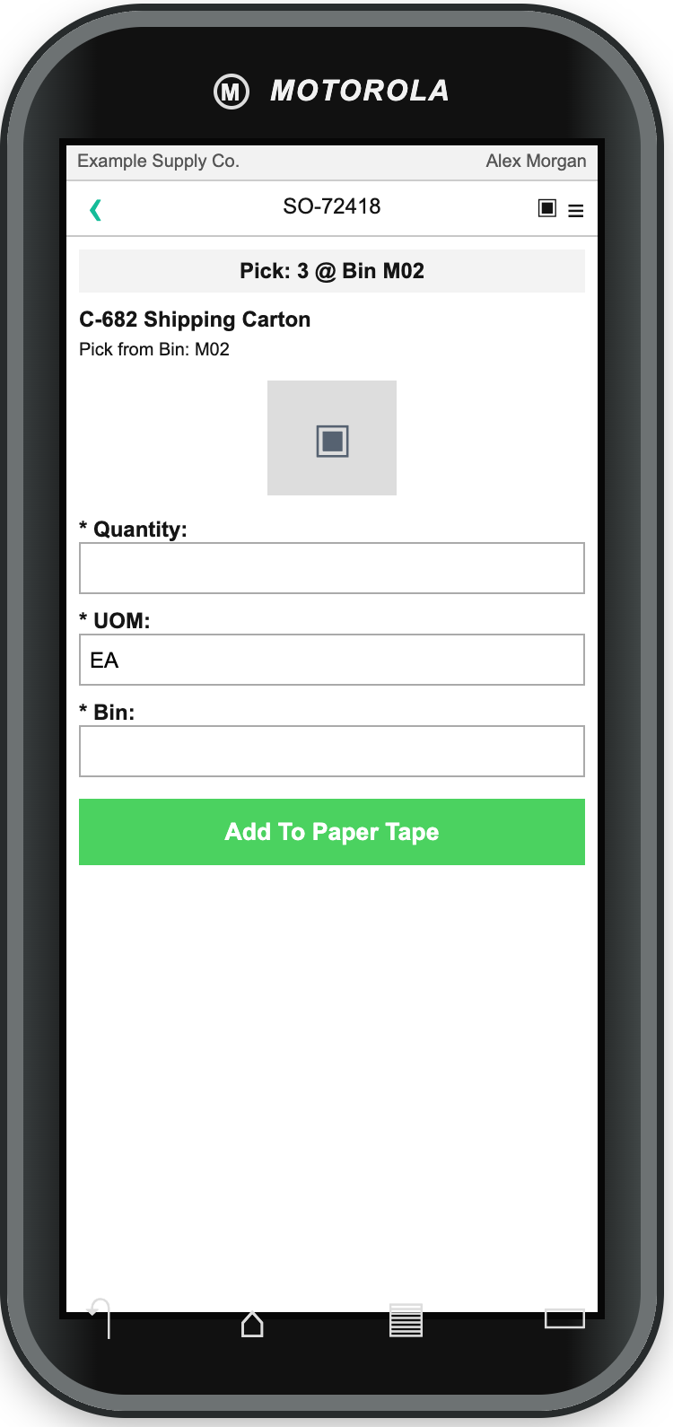 OzLINK item detail prompting three units of C-682 from bin M02 with Quantity, UOM, Bin, and Add To Paper Tape controls