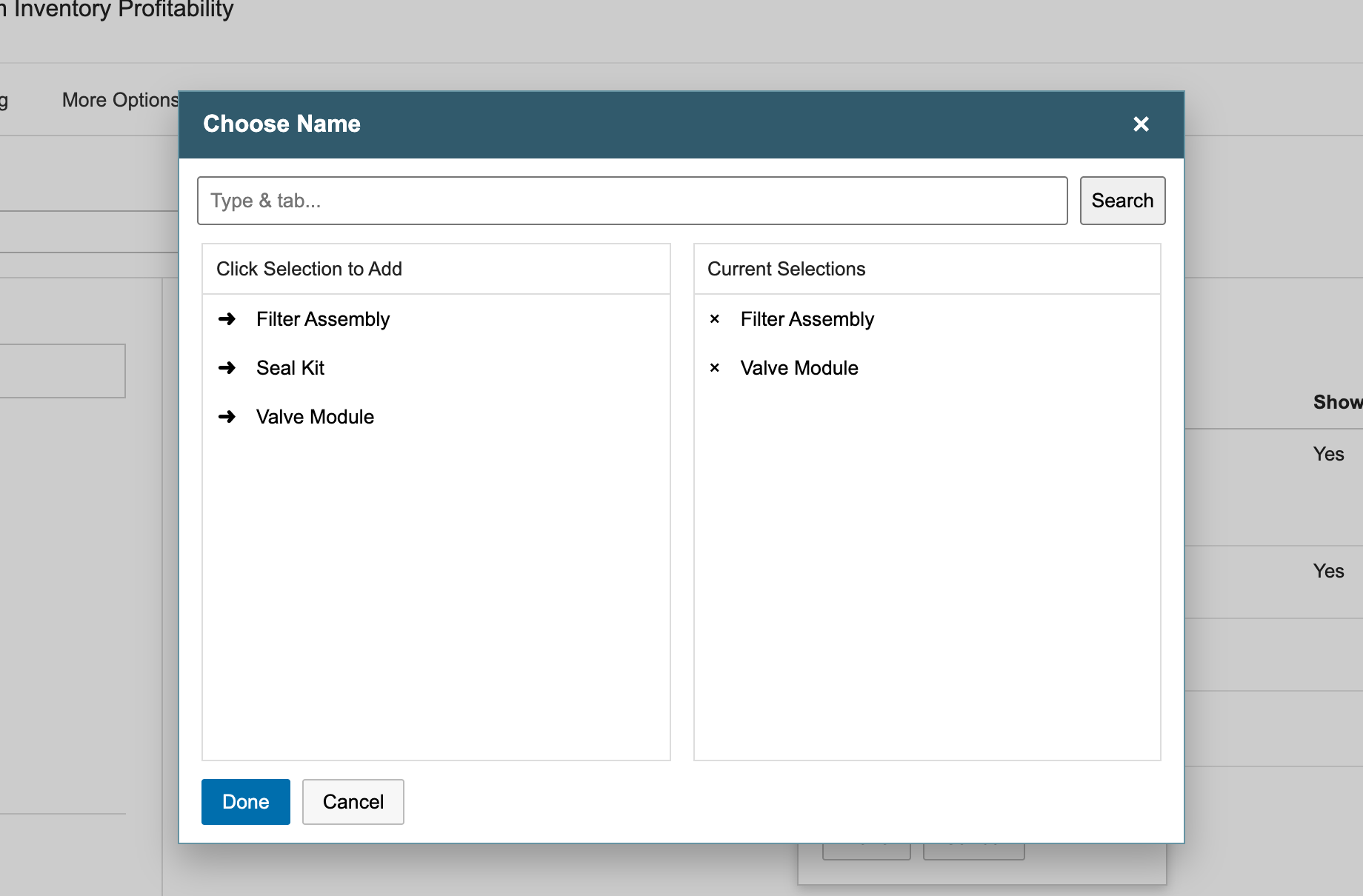 Choose Name picker with Filter Assembly and Valve Module under Current Selections