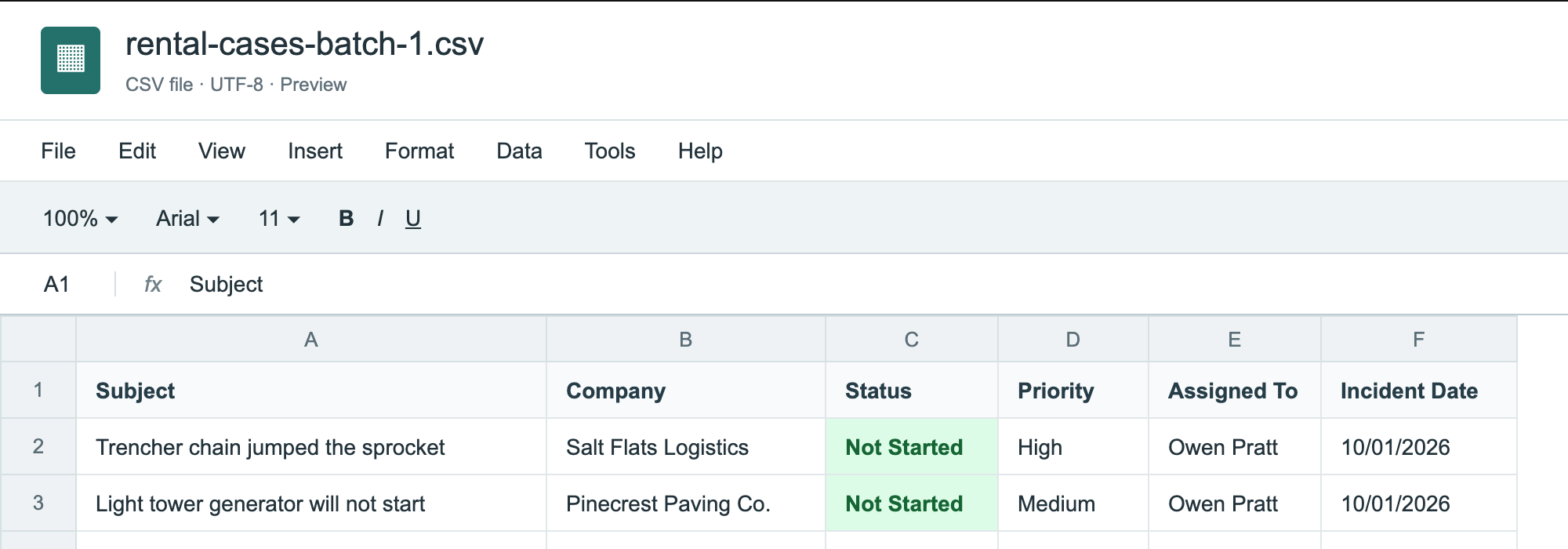 Preview of rental-cases-batch-1.csv with two rows: Trencher chain jumped the sprocket for Salt Flats Logistics and Light tower generator will not start for Pinecrest Paving Co., both Not Started, assigned to Owen Pratt, incident date 10/01/2026