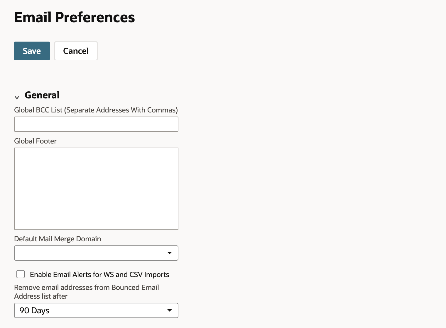 Email Preferences, General section, with Enable Email Alerts for WS and CSV Imports unchecked; an arrow points to the check box label