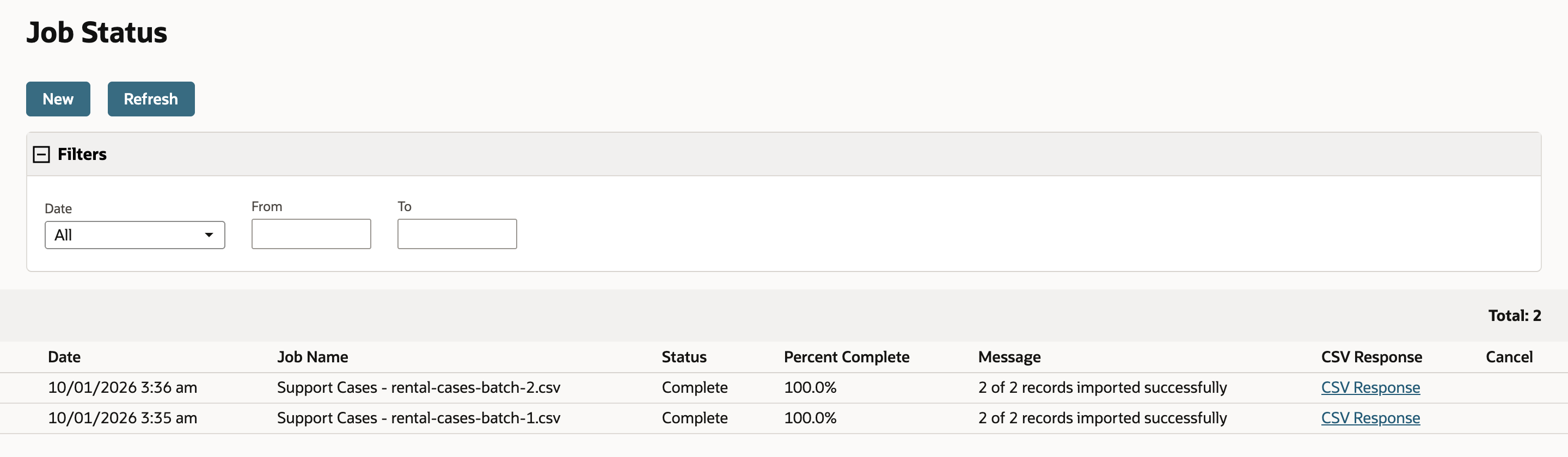 Job Status with two jobs: Support Cases - rental-cases-batch-2.csv at 3:36 am and rental-cases-batch-1.csv at 3:35 am, both Complete with 2 of 2 records imported successfully