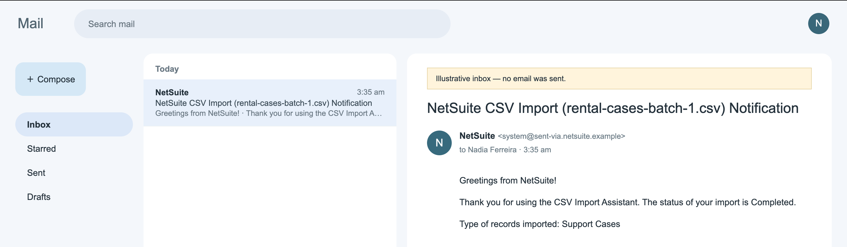 Illustrative inbox labeled 'Illustrative inbox — no email was sent.' holding one message, NetSuite CSV Import (rental-cases-batch-1.csv) Notification, which says the status of the import is Completed